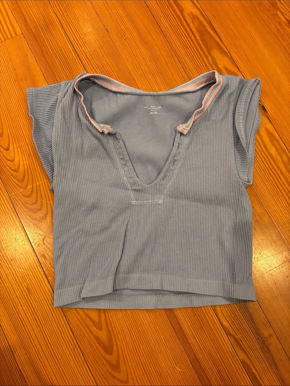 Free People Ribbed V-Neck Crop Top in Light Blue with Pink Trim